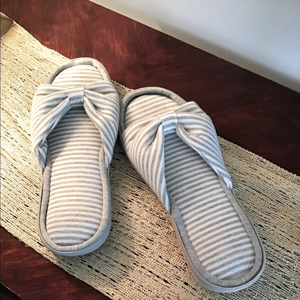 Slide slippers, Size 7-8.  Gray and white striped soft jersey slippers…